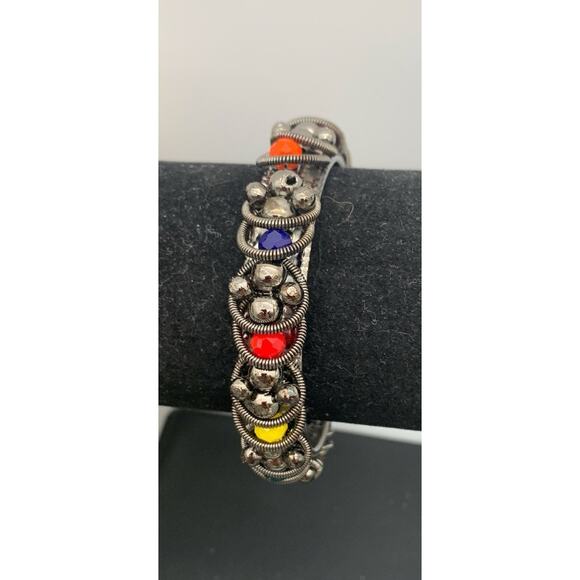 Dark Silver Tone & Colorful Beaded Coils Bangle Bracelet Boho - Picture 1 of 4